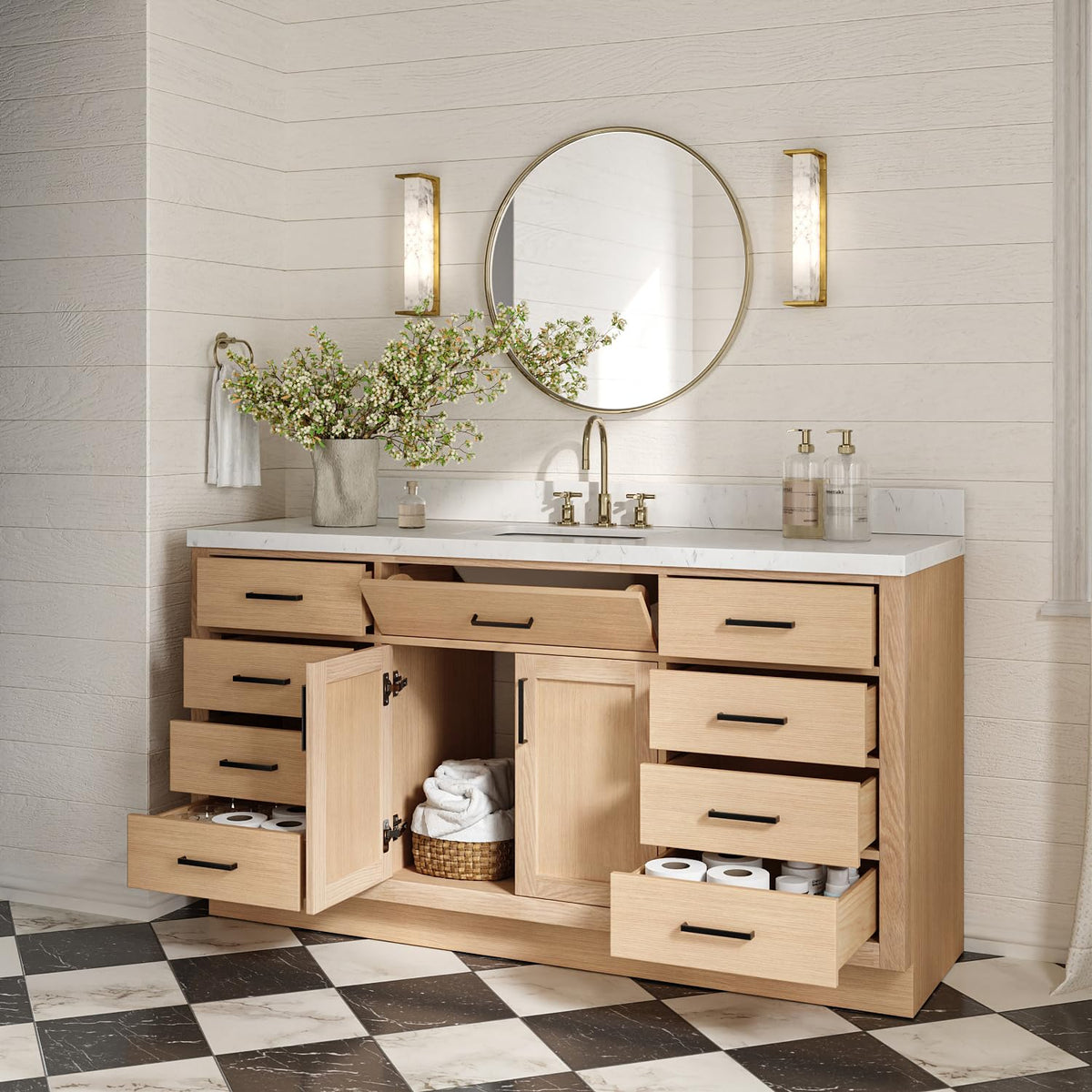 ARIEL Hepburn 66-inch Bathroom Vanity with Sink,Solid Wood, 1.5-inch Pure White Quartz Countertop & Backsplash, Single Rectangular Porcelain Sink, 2 Soft Closing Doors, 9 Dovetail Drawers, White