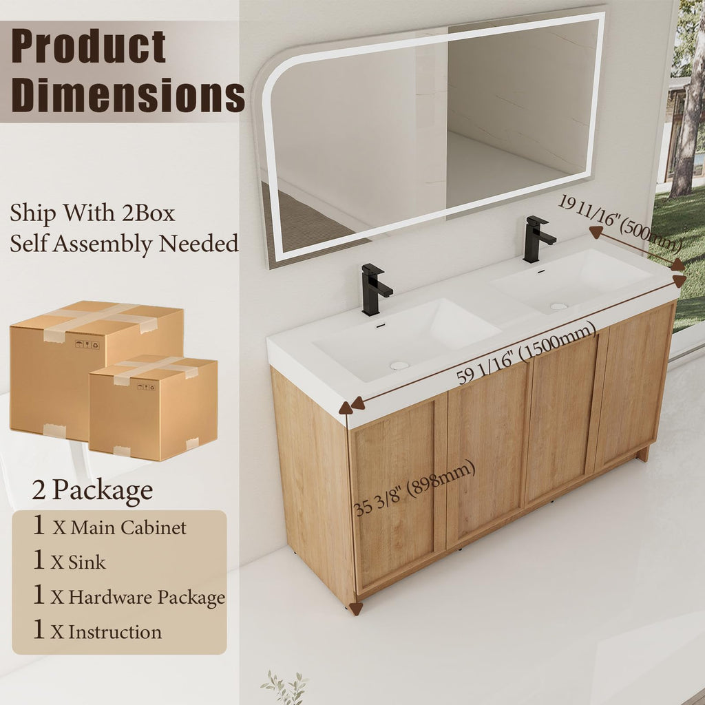 70" Double Sink Bathroom Vanity with Resin Basin, Faux Oak Finish