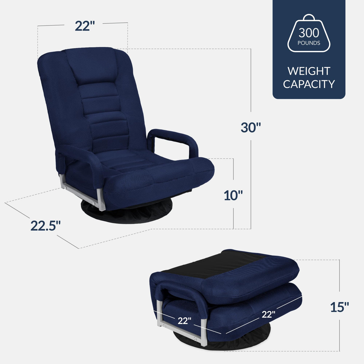 Best Choice Products Swivel Gaming Chair 360 Degree Multipurpose Floor Chair Rocker for TV, Reading, Playing Video Games w/Lumbar Support, Armrest Handles, Adjustable Foldable Backrest - Black/Black