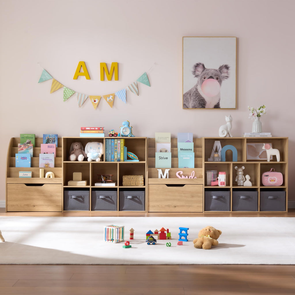 Fatmok Kids Bookshelf and Toy Storage, 2 Pack 58.5ââ Toy Organizer with Movable Chests & 3 Storage Bins, Large Kids Reading Nook with 5 Cubbies for Playroom, Bedroom, Nursery, White