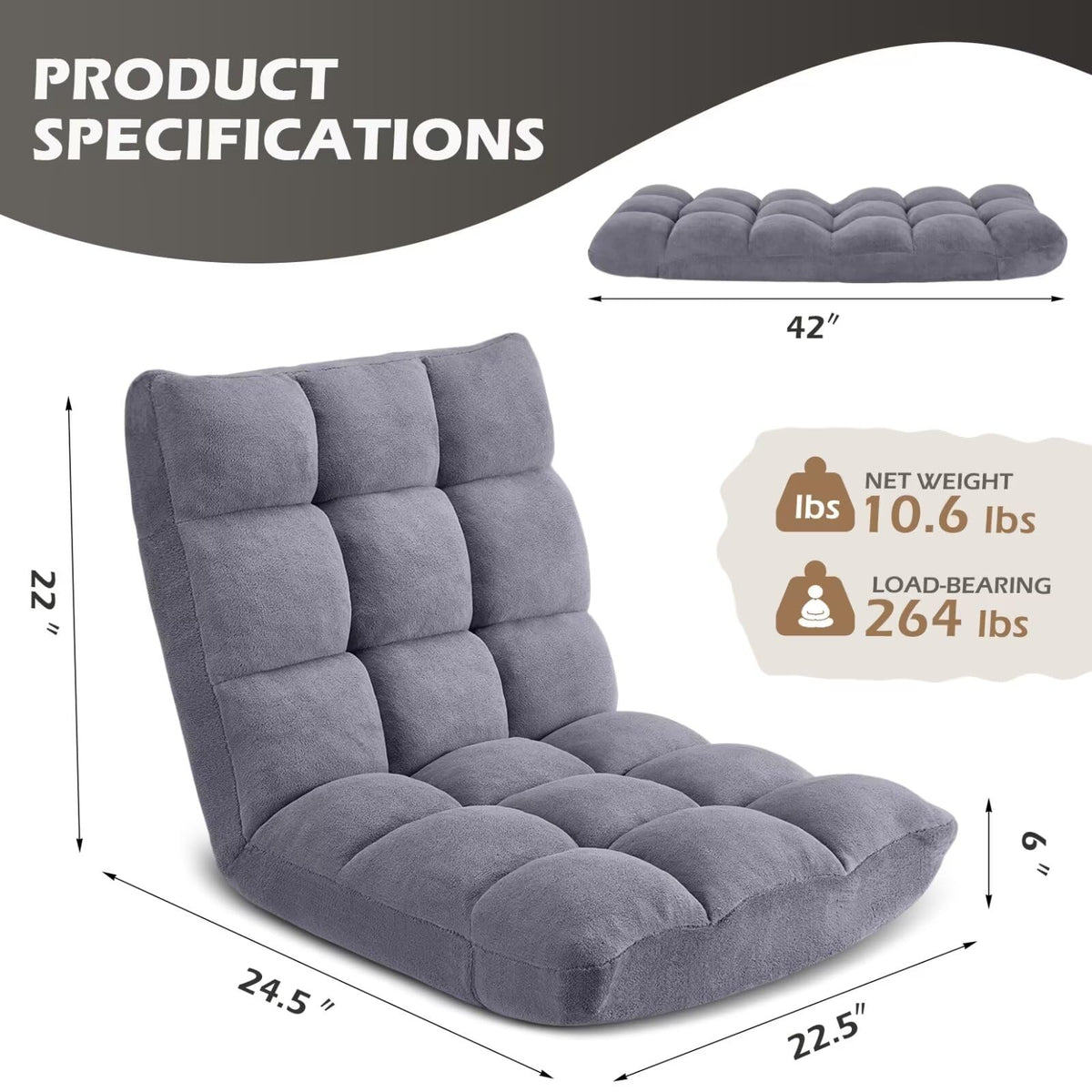 Folding Floor Gaming Chair 14-Poistion Cushioned Adjustable Floor Lazy Sofa Chair w/Breathable Cotton & Skin-Friendly Velvet for Adults & Kids Perfect for Reading Gaming Meditating, Darkblue