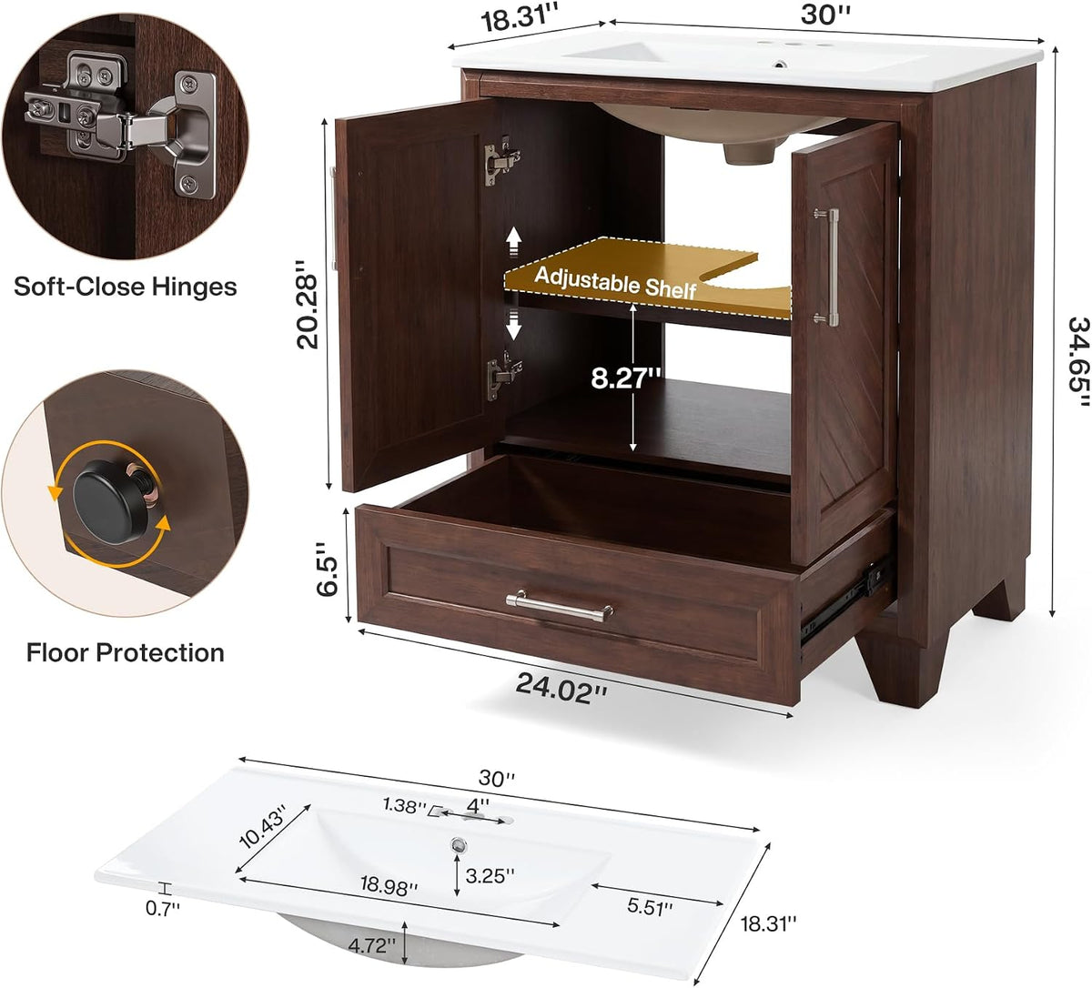 Tribesigns 30 Inch Bathroom Vanity with Sink, Water-Resistant Door, Walnut