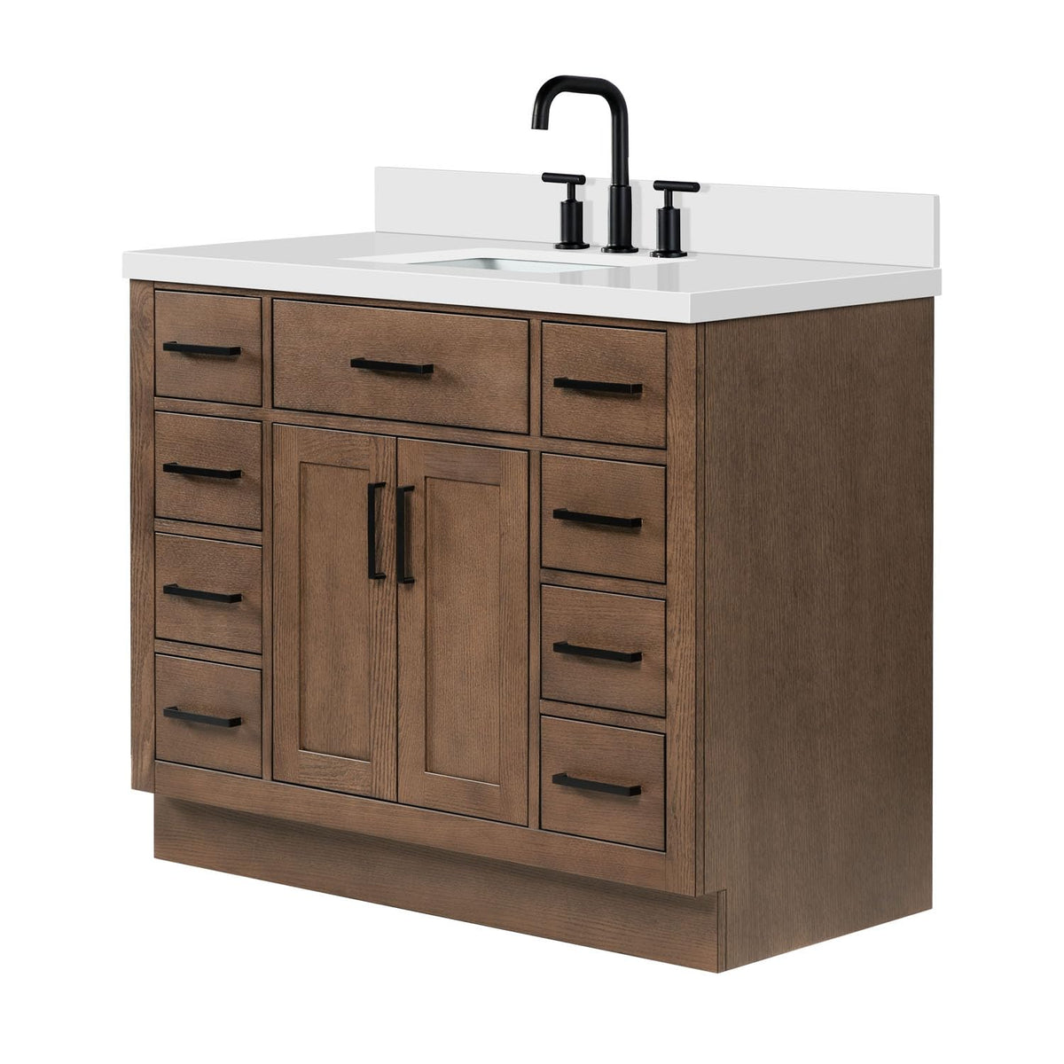 DKB Beckford 42-Inch White Bathroom Vanity with Sink, Solid Wood Base Cabinet, 1.5" White Quartz Countertop, Rectangular Sink, 2 Soft Closing Doors, 9 Drawers