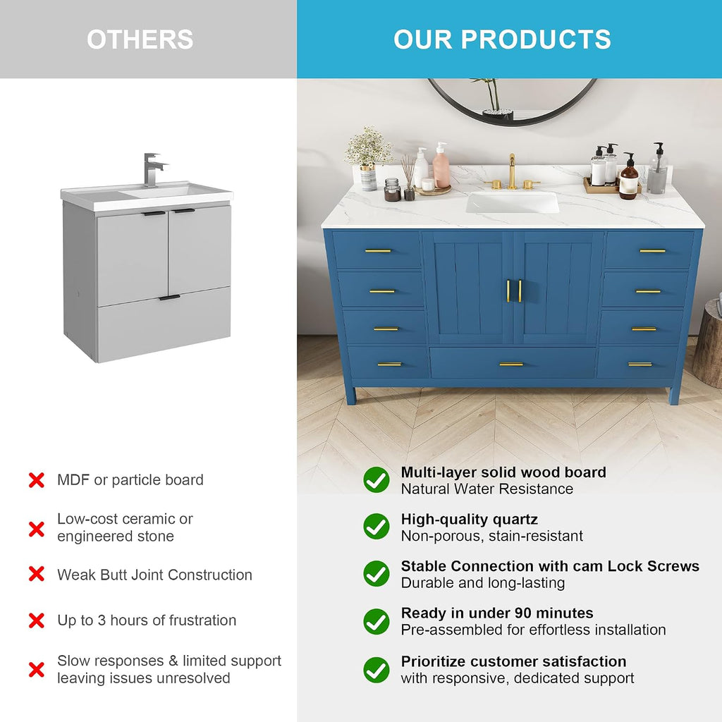 60" Bathroom Vanity Single Sink with 3 Hole, Sink Bathroom Vanity with Solid Wood Frame Storage,Soft Close Double Doors & 9 Sliding Drawers, with Gold Accents
