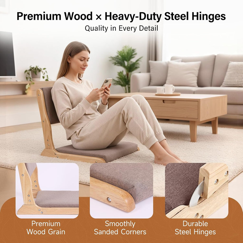 Tiita 2-Pack Foldable Meditation Floor Chairs with Back Support, Wood Grey