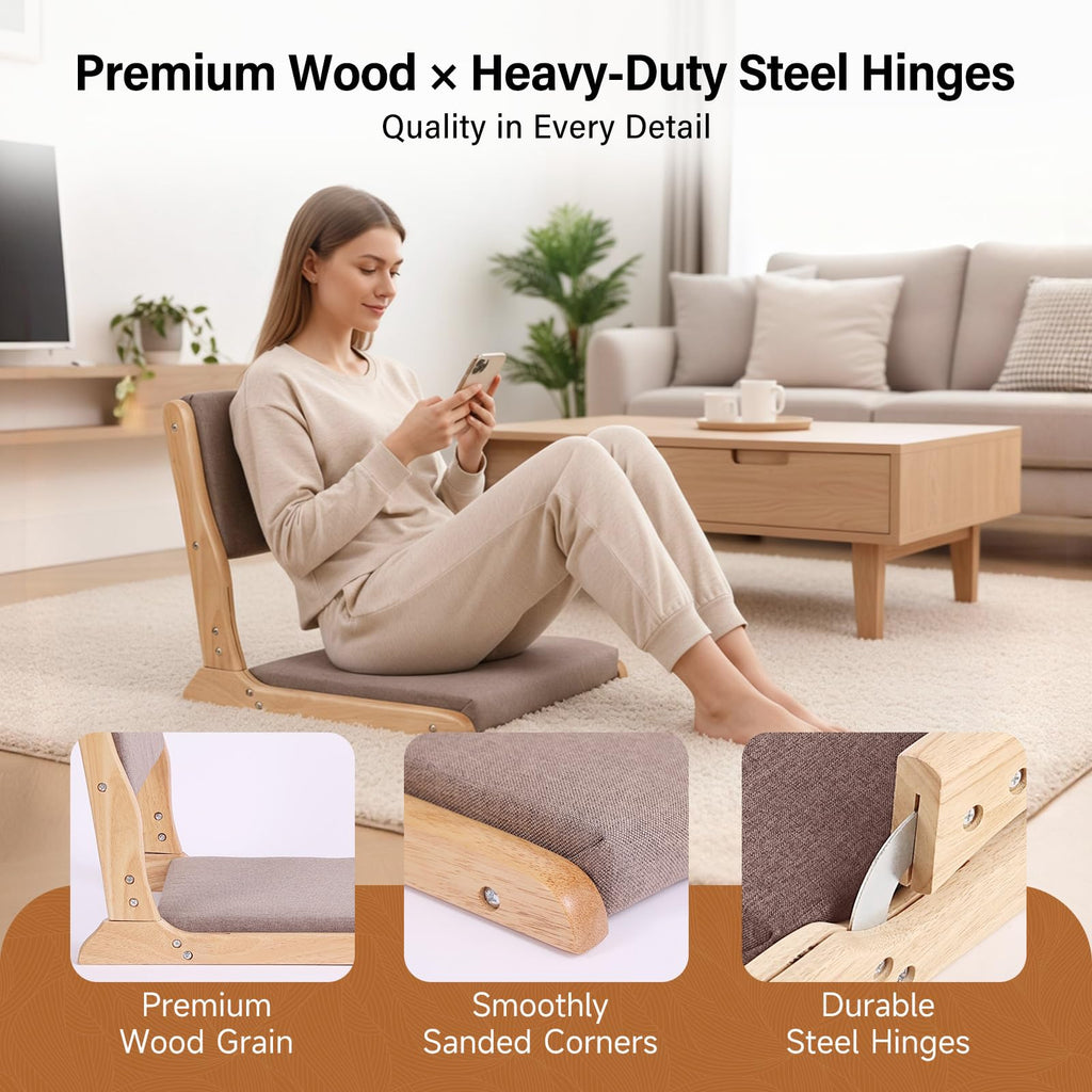 Tiita 2-Pack Foldable Meditation Floor Chairs with Back Support, Wood Grey