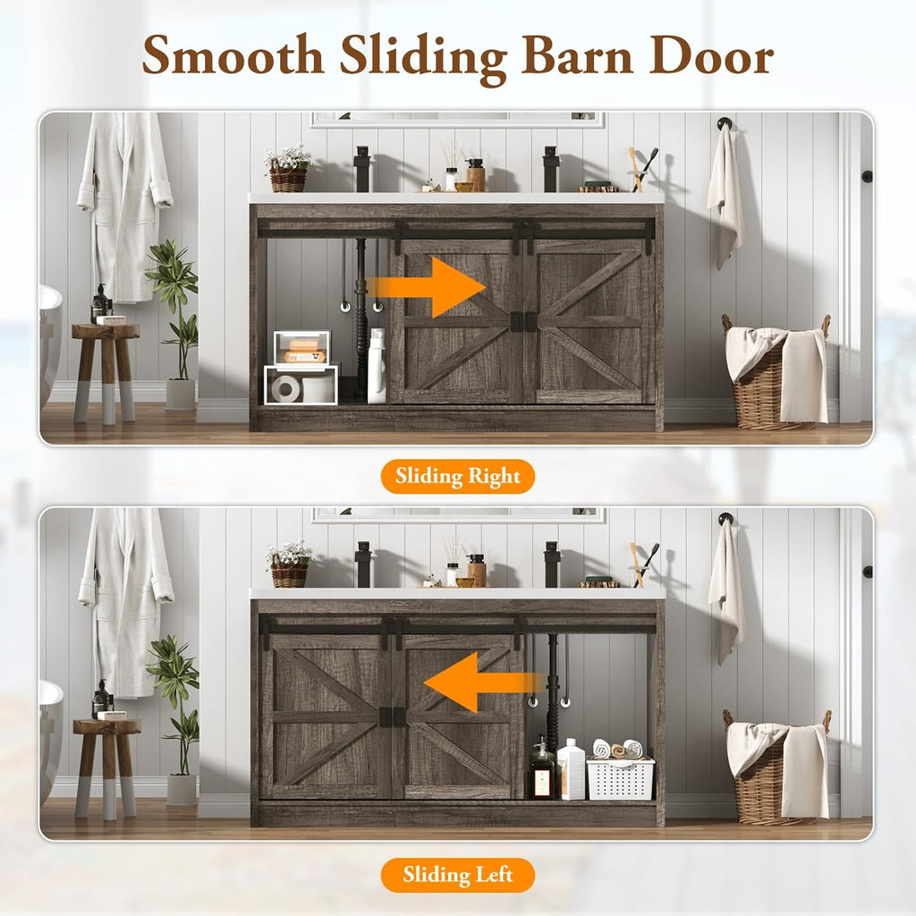Double Bathroom Vanity with Sink & Faucet & Sewer Pipes,59" Farmhouse Bathroom Vanity Cabinet Set with 3 Storage Drawers & Sliding Barn Door,Double Sink Vanities With Metal Handle(Rustic Grey)
