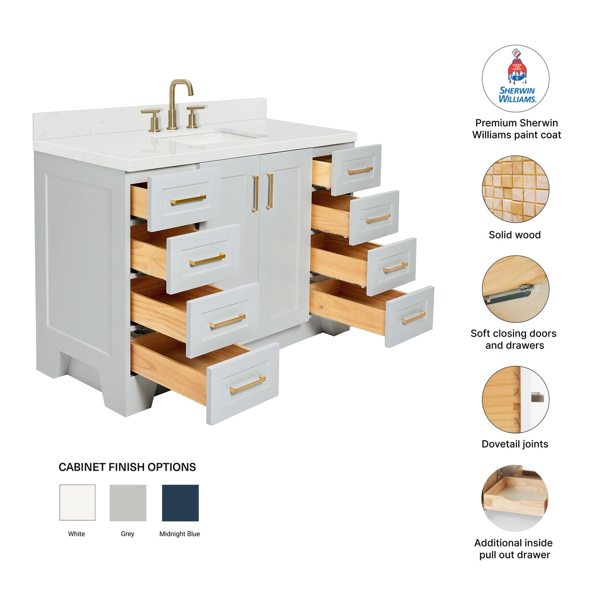 DKB Emilia 48-Inch Bathroom Vanity with Sink â Midnight Blue Single Sink Bathroom Vanity, 1.5" Edge Carrara Quartz Countertop, Solid Wood, 2 Soft Closing Doors, 9 Dovetail Drawers