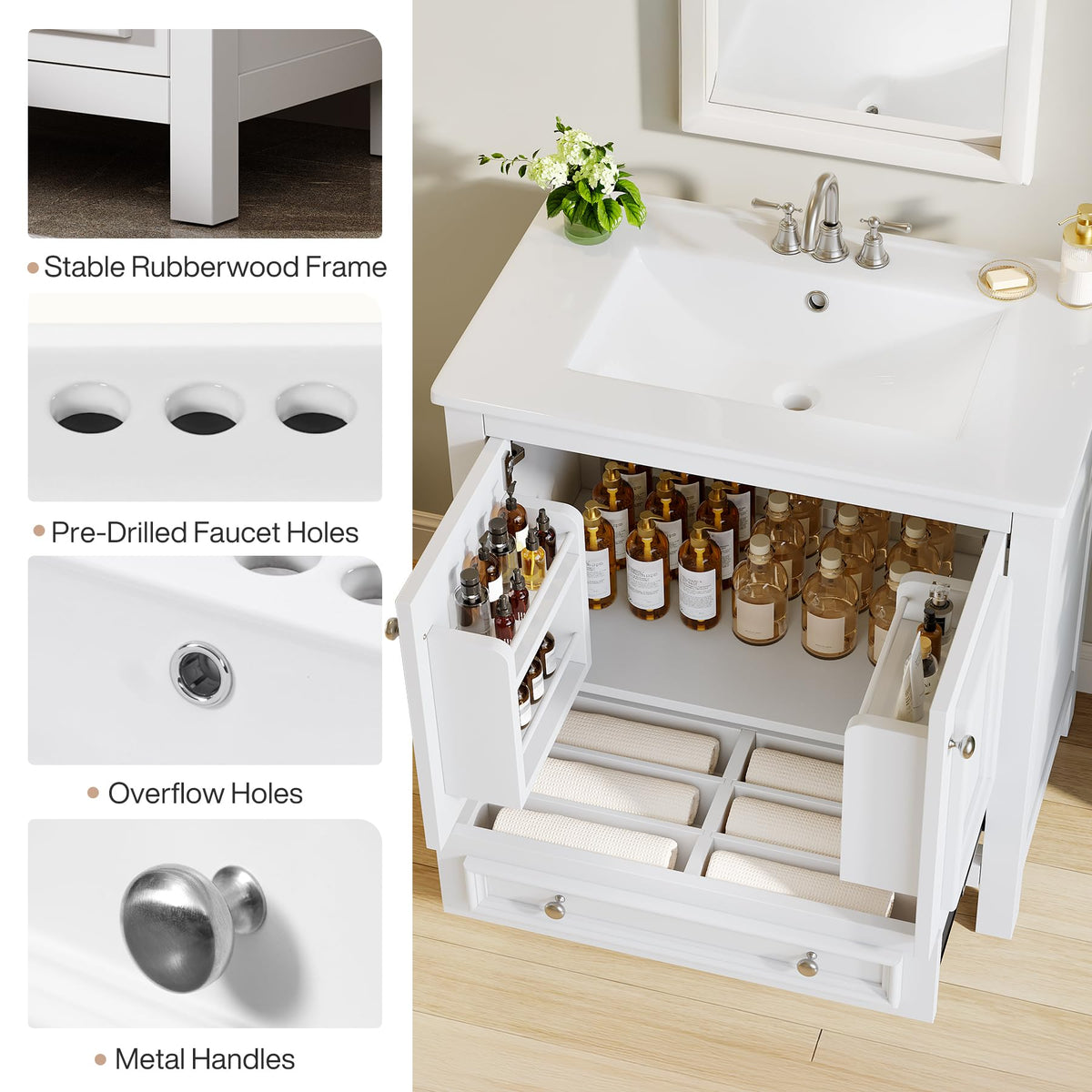 Tribesigns 30" Bathroom Vanity with Sink, Freestanding Bathroom Vanities Cabinet with Ceramic Basin Combo, Bathroom Sink Cabinet with 2 Doors and 1 Drawer, Solid Wooden Frame (Navy Blue, 30 INCH)