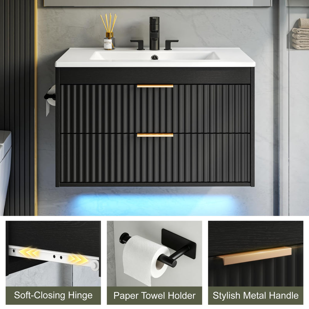 30" Bathroom Vanity with Sink, Wall Mounted Cabinet, Black