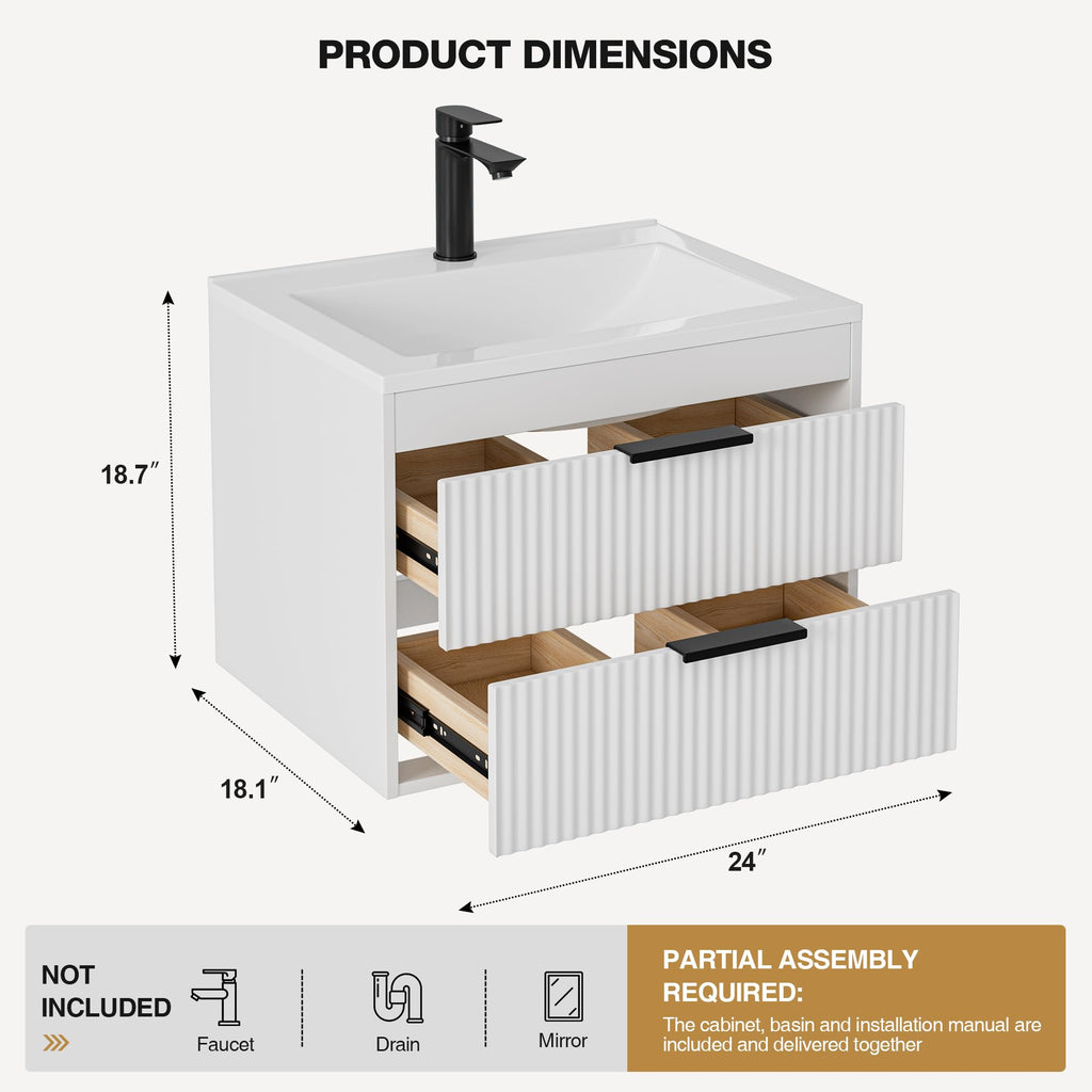 24 Inches Modern MDF Bathroom Vanity with Sink, Wall Mounted Floating Cabinets w/Double Drawers, Black Handles, White Resin Sink Combo Set (Black, 24")