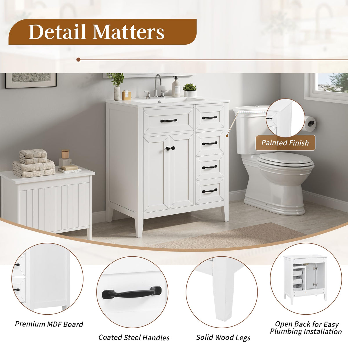 36 Inch Bathroom Vanities with Undermount Ceramic Sink, Storage Cabinet with Soft Closing Doors and Three Drawers, Solid Wood Frame, Natural Wood