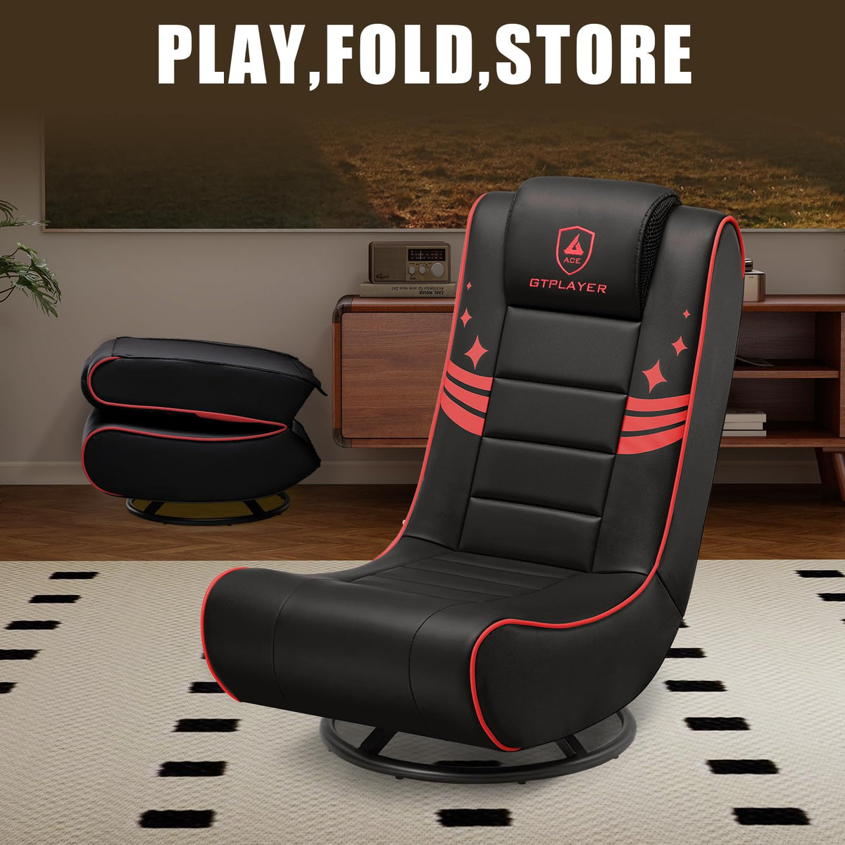 GTPLAYER Floor Gaming Chair Foldable Swivel Floor Chairs for Kids Boys Comfy Video Game Seat with 360Â° Multipurpose for Gamers, Bedroom or Game Room(Black-Blue)