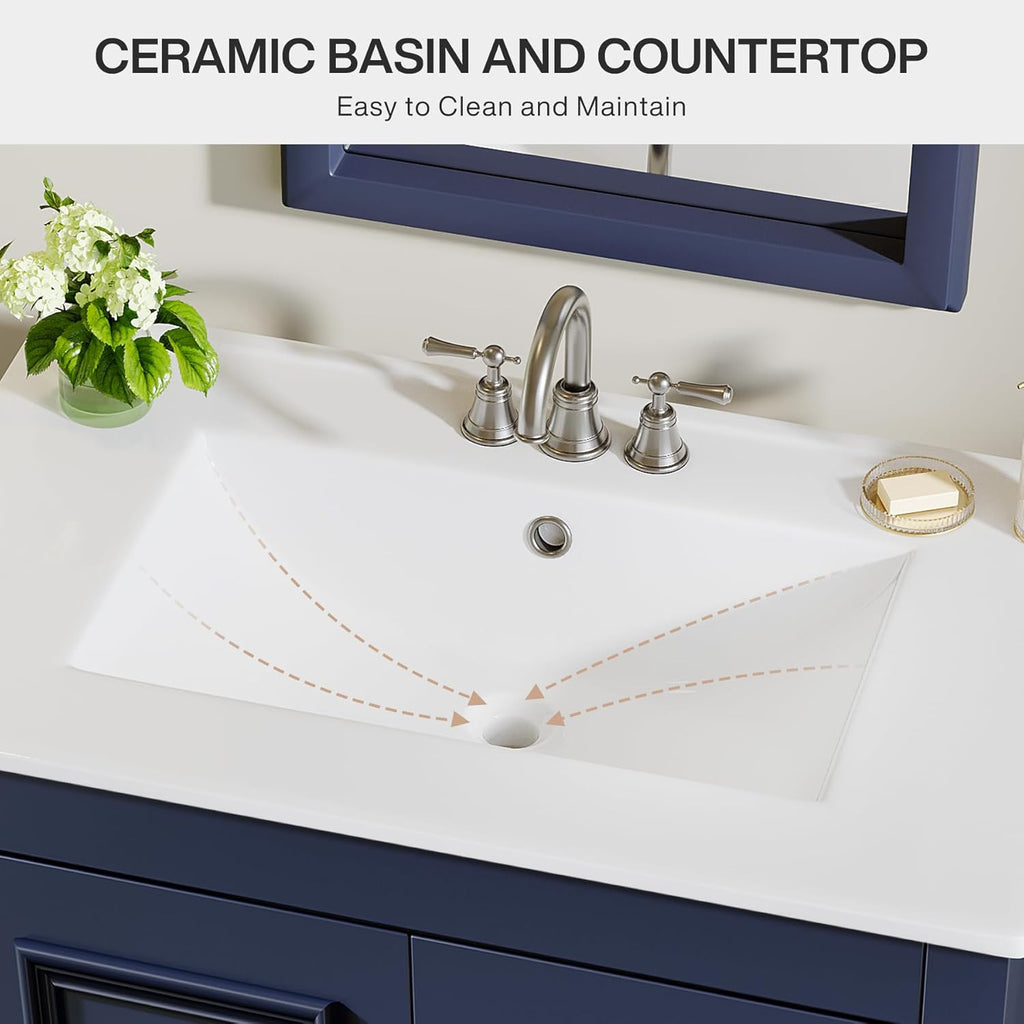 Tribesigns 30" Bathroom Vanity with Sink, Freestanding Bathroom Vanities Cabinet with Ceramic Basin Combo, Bathroom Sink Cabinet with 2 Doors and 1 Drawer, Solid Wooden Frame (Navy Blue, 30 INCH)