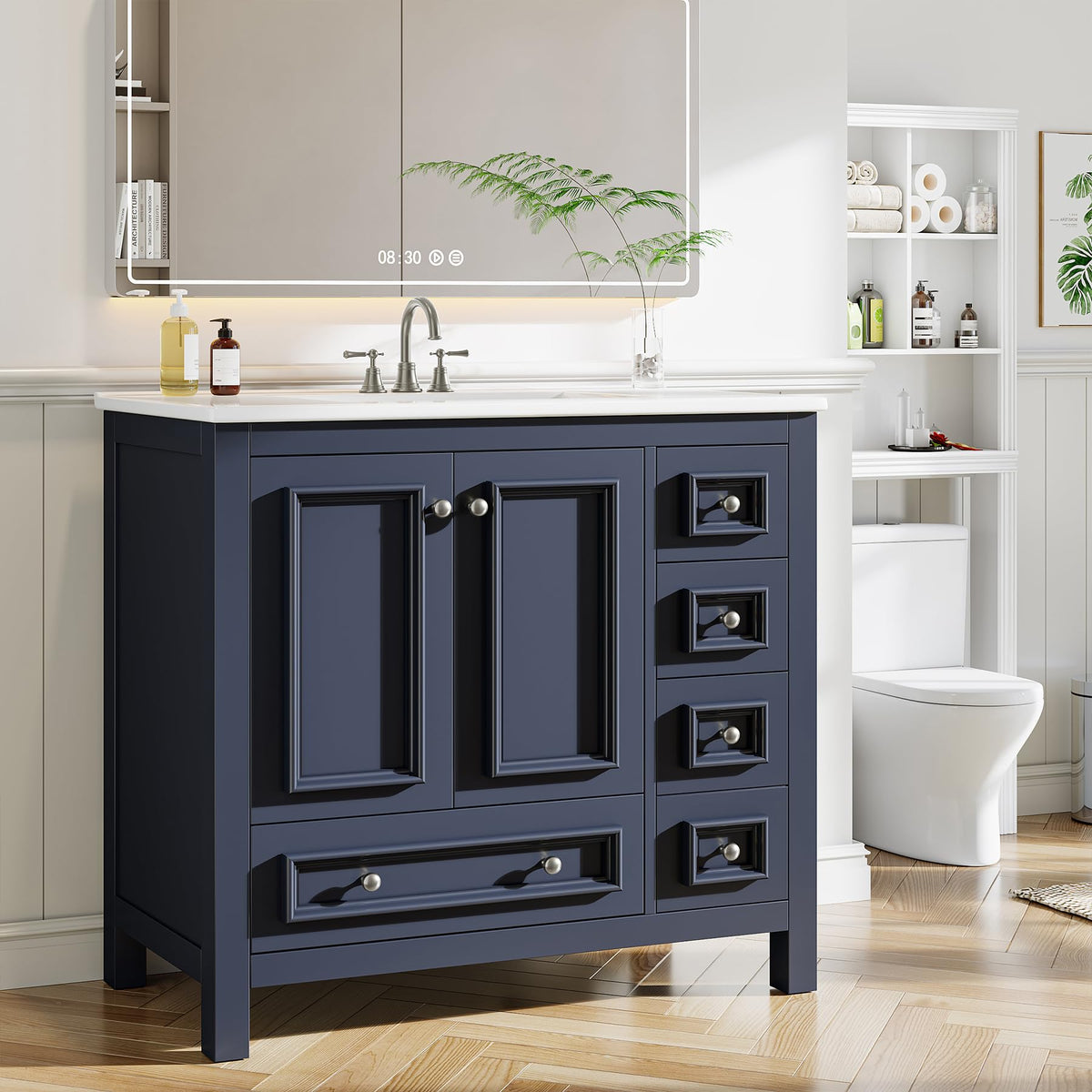 Tribesigns 30" Bathroom Vanity with Sink, Freestanding Bathroom Vanities Cabinet with Ceramic Basin Combo, Bathroom Sink Cabinet with 2 Doors and 1 Drawer, Solid Wooden Frame (Navy Blue, 30 INCH)