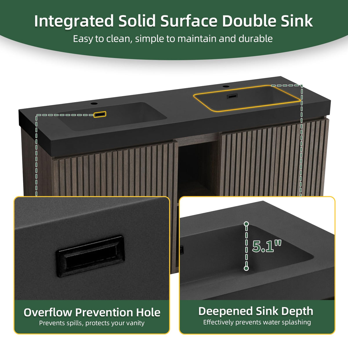 36â Modern Bathroom Vanity with Black Sink, Smoked Brown