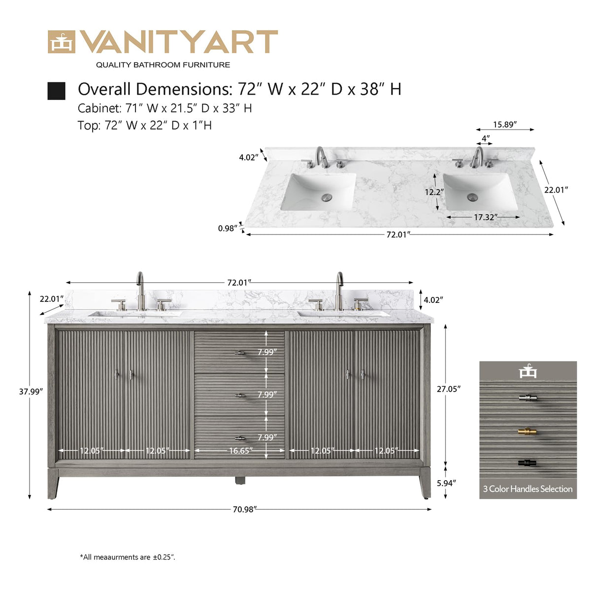 Vanity Art 72" Bathroom Vanity with Double Sink & Arabescato White Engineered Stone Top, Vanity Cabinet with Soft Closing Door, Solid Wood Frame, Golden Brushed Handles, Walnut VA8172D-Walnut-GB