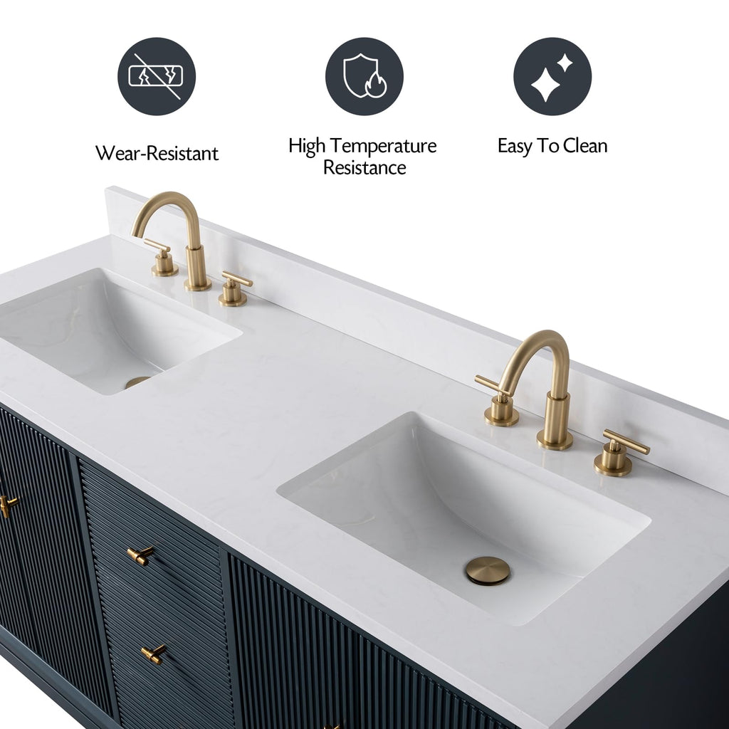 Vanity Art 72" Bathroom Vanity with Double Sink & Arabescato White Engineered Stone Top, Vanity Cabinet with Soft Closing Door, Solid Wood Frame, Golden Brushed Handles, Walnut VA8172D-Walnut-GB