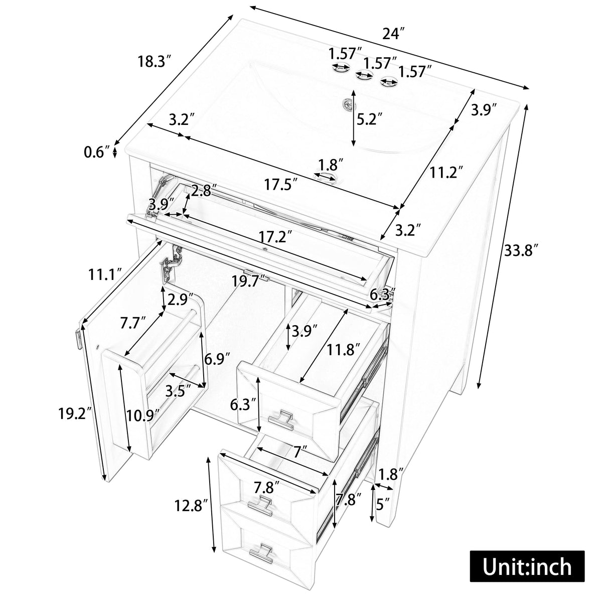 36 Inch Bathroom Vanities with Undermount Ceramic Sink, Storage Cabinet with Soft Closing Doors and Three Drawers, Solid Wood Frame, Natural Wood