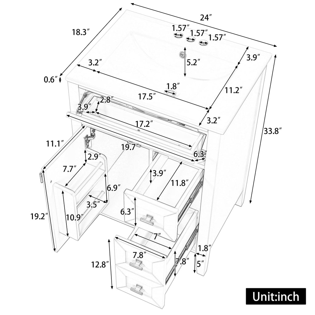 36 Inch Bathroom Vanities with Undermount Ceramic Sink, Storage Cabinet with Soft Closing Doors and Three Drawers, Solid Wood Frame, Natural Wood