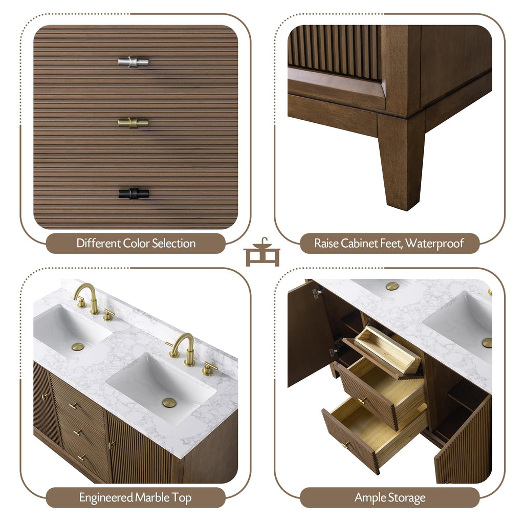 Vanity Art 72" Bathroom Vanity with Double Sink & Arabescato White Engineered Stone Top, Vanity Cabinet with Soft Closing Door, Solid Wood Frame, Golden Brushed Handles, Walnut VA8172D-Walnut-GB