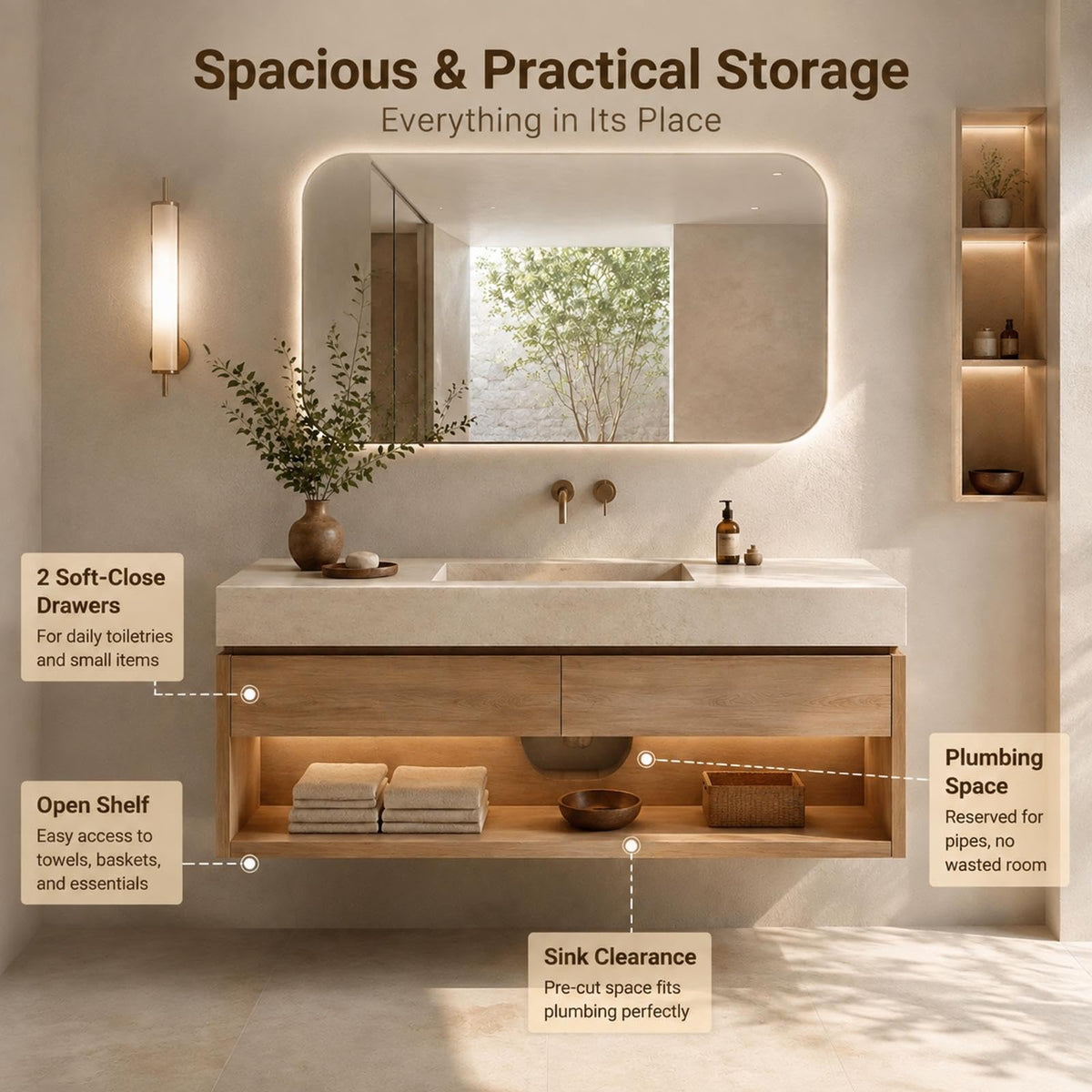 48 in Floating Bathroom Vanity with Sink & LED Backlit Mirror