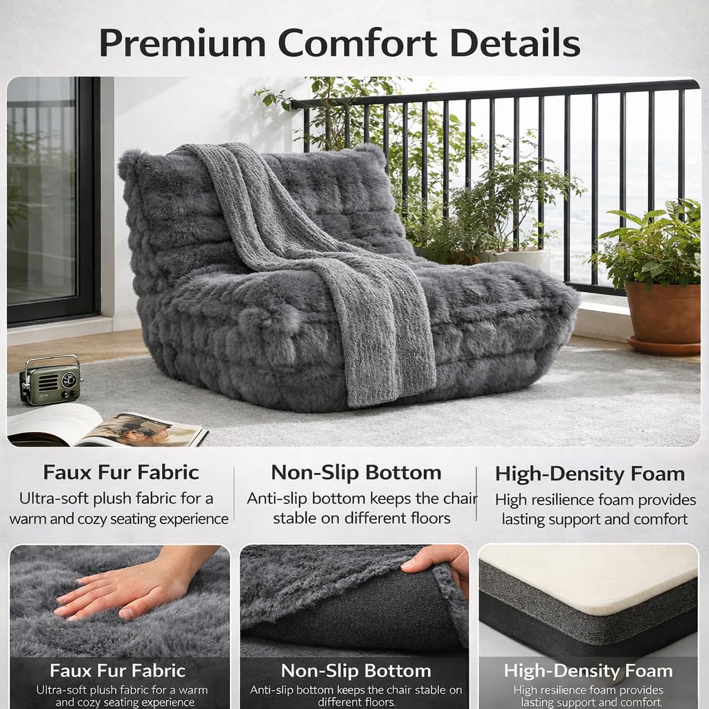 Memory Foam Bean Bag Chairs with Filler Faux (Dark Grey)