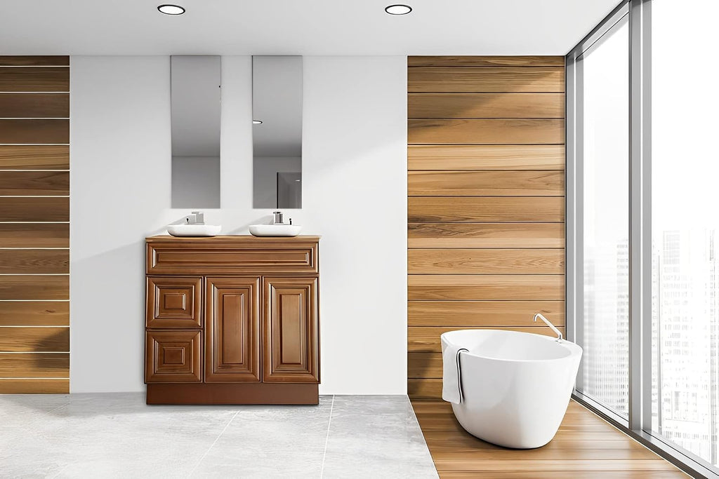 36" Maple Walnut Bathroom Vanity Base â Ready-to-Assemble Sink Cabinet with Drawers, Shaker Style Storage, Base Only, No Top or Sink