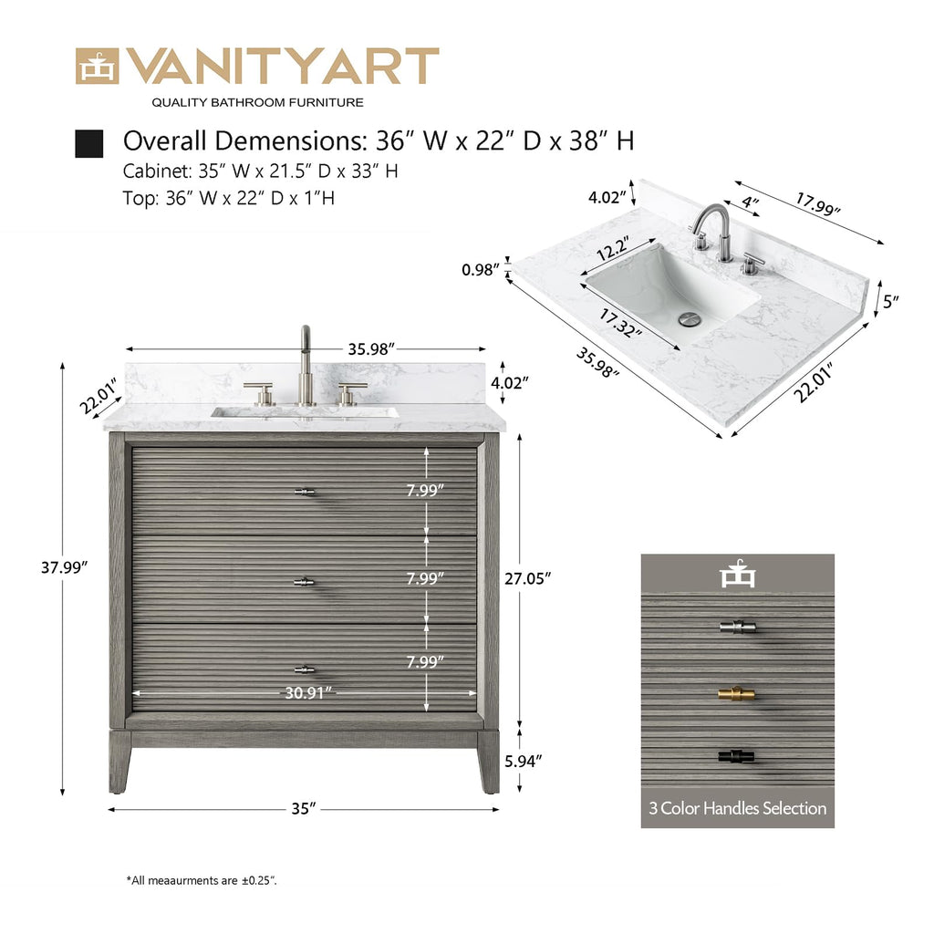 Vanity Art 72" Bathroom Vanity with Double Sink & Arabescato White Engineered Stone Top, Vanity Cabinet with Soft Closing Door, Solid Wood Frame, Golden Brushed Handles, Walnut VA8172D-Walnut-GB
