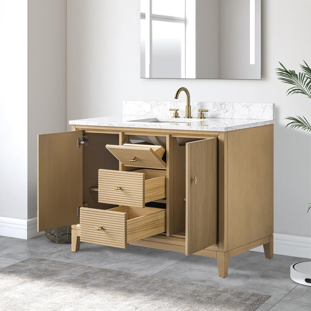 Vanity Art 72" Bathroom Vanity with Double Sink & Arabescato White Engineered Stone Top, Vanity Cabinet with Soft Closing Door, Solid Wood Frame, Golden Brushed Handles, Walnut VA8172D-Walnut-GB