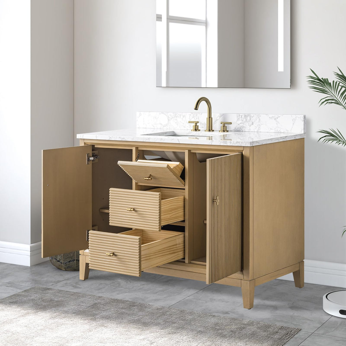 Vanity Art 72" Bathroom Vanity with Double Sink & Arabescato White Engineered Stone Top, Vanity Cabinet with Soft Closing Door, Solid Wood Frame, Golden Brushed Handles, Walnut VA8172D-Walnut-GB