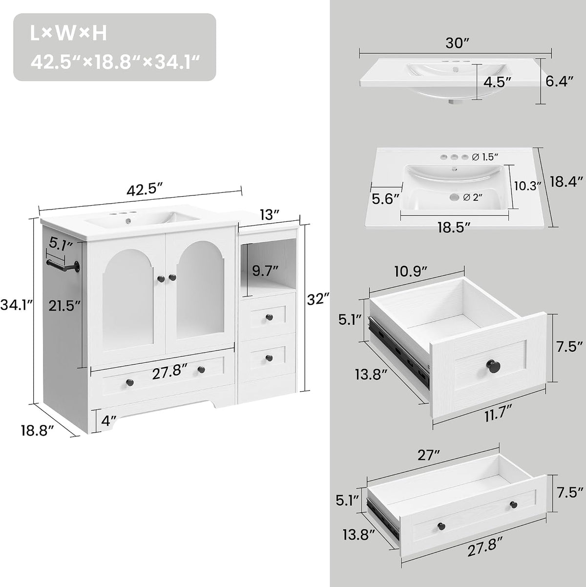 IRONCK 42 Inch Bathroom Vanity with Sink Set, Reversible Design, White