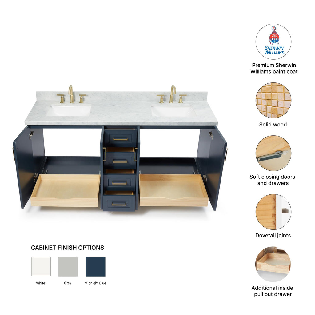 DKB Isabella 72" Oak Double Bathroom Vanity with Sink, 1.5" Carrara White Marble Countertop, Rectangle Undermount Sinks, 4 Soft Closing Doors, 6 Dovetail Drawers