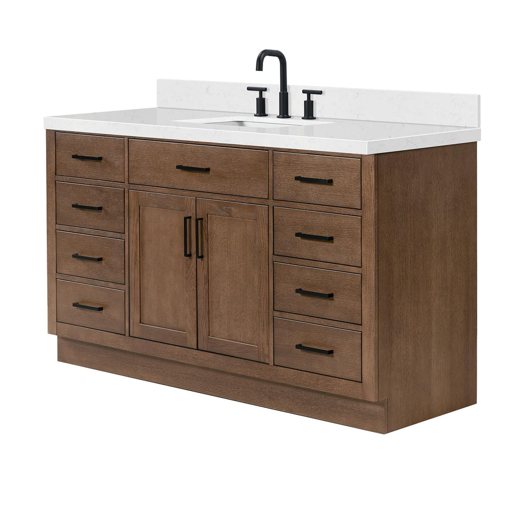 ARIEL Hepburn 60-inch Bathroom Vanity with Sink,Solid Wood, 1.5-inch Carrara White Quartz Countertop & Backsplash, Single Rectangular Porcelain Sink, 2 Soft Closing Doors, 9 Dovetail Drawers, Black