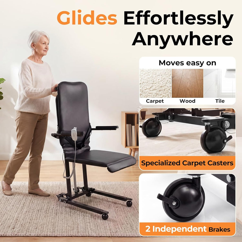 Upgrade Steel Electric Lift Chair with Advanced Wheels and PU Cushion, Floor Lift for Elderly, Support Up to 400 LBS, Safety Seat Belts and Handrails, Suitable for Home or Care Facilities Use, Black