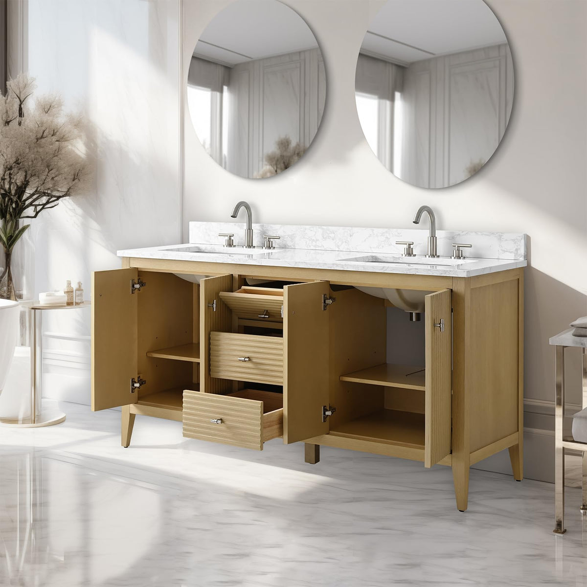 Vanity Art 84 inch Bathroom Vanity with Double Sink & Ceramic Top, Vanity Cabinet with Soft-Closing Door, Solid Wood Frame, Linear Pattern, Walnut, Golden Brushed Handware,Vintage Green
