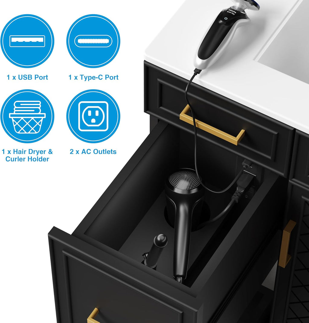 30" Bathroom Vanity with Sink, Solid Wood Frame Modern with Charging Station, Bathroom Single Sink Cabinet with 2 Drawers and 1 Doors, Gold Metal Handles, Black