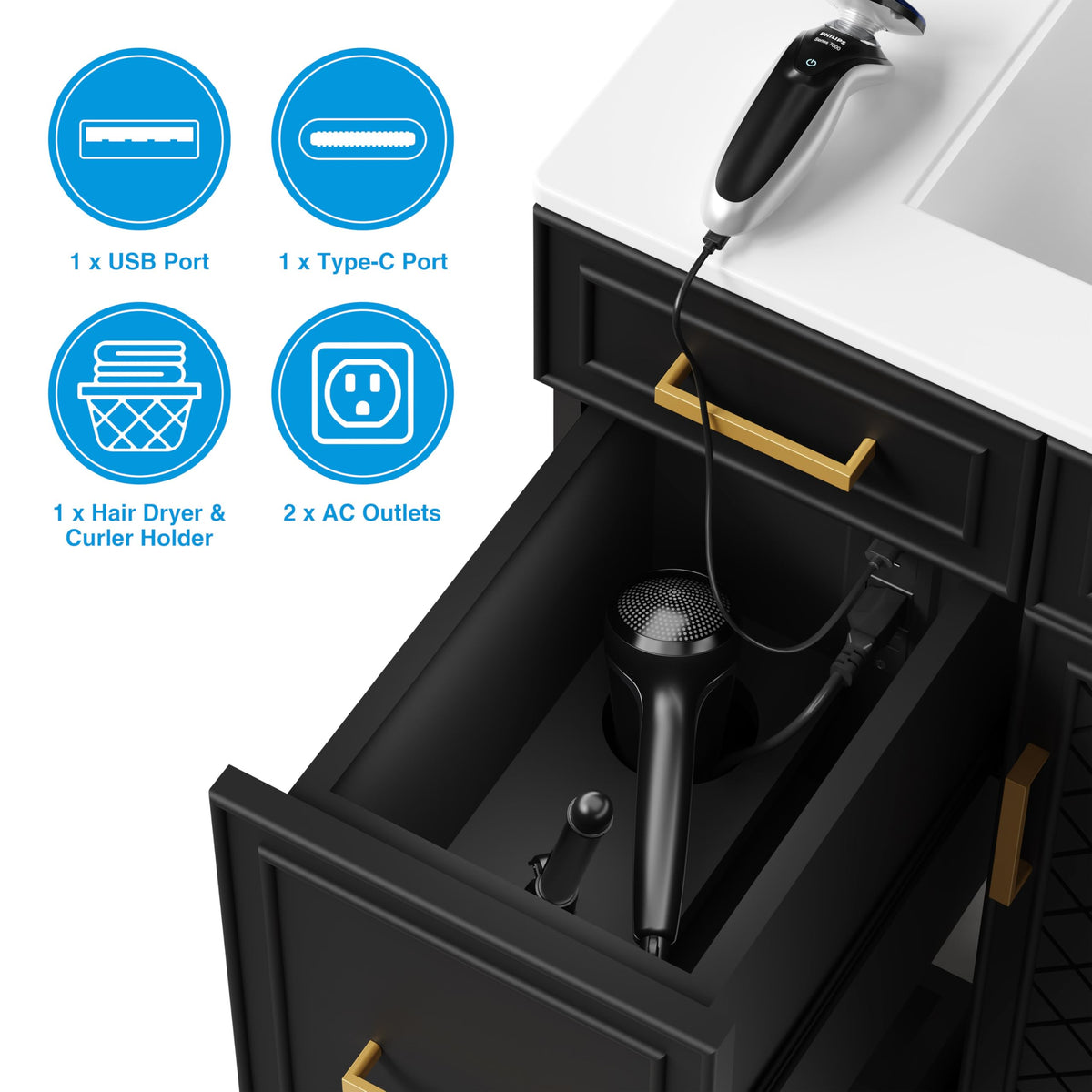 30" Bathroom Vanity with Sink, Solid Wood Frame Modern with Charging Station, Bathroom Single Sink Cabinet with 2 Drawers and 1 Doors, Gold Metal Handles, Black