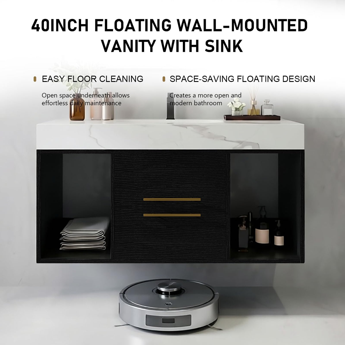 36 Inch Bathroom Vanity with Sink, Black Floating Wall Mounted Vanity
