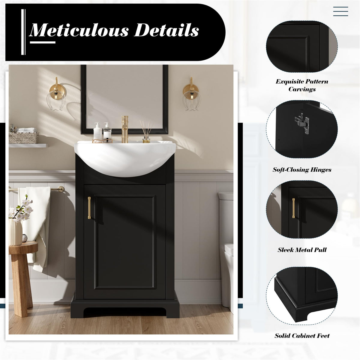 YOPTO 20" Bathroom Vanity with Ceramic Sink, French Style, Black