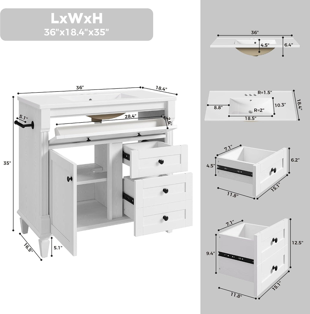 LIKIMIO 36 Inch Bathroom Vanity with Sink, Adjustable Solid Wood Legs