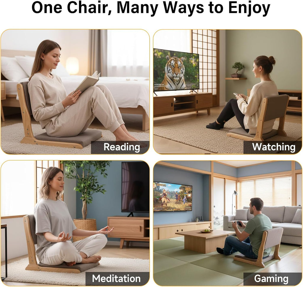 Tiita 2-Pack Foldable Meditation Floor Chairs with Back Support, Wood Grey