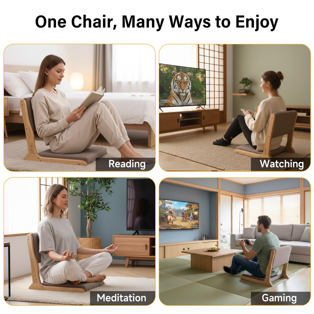 Tiita 2-Pack Foldable Meditation Floor Chairs with Back Support, Wood Grey