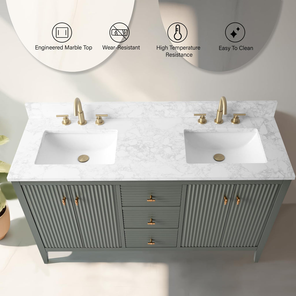 Vanity Art 84 inch Bathroom Vanity with Double Sink & Ceramic Top, Vanity Cabinet with Soft-Closing Door, Solid Wood Frame, Linear Pattern, Walnut, Golden Brushed Handware,Vintage Green