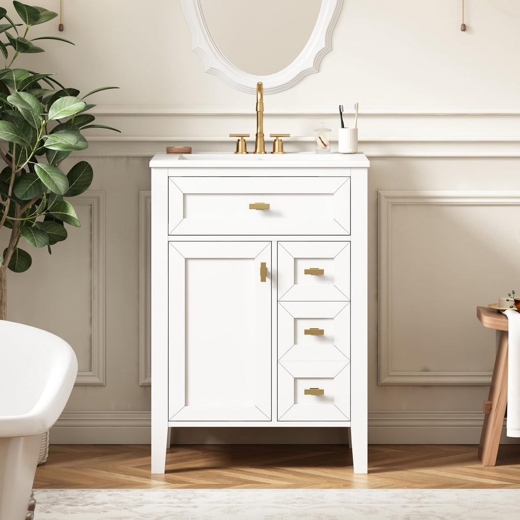 36 Inch Bathroom Vanities with Undermount Ceramic Sink, Storage Cabinet with Soft Closing Doors and Three Drawers, Solid Wood Frame, Natural Wood