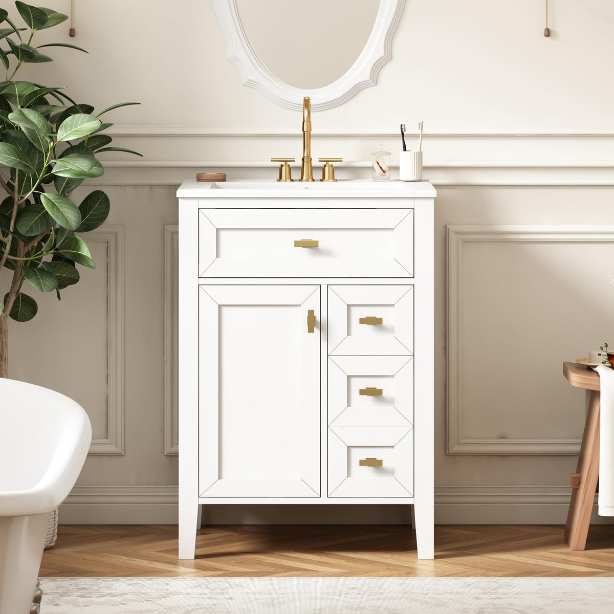 36 Inch Bathroom Vanities with Undermount Ceramic Sink, Storage Cabinet with Soft Closing Doors and Three Drawers, Solid Wood Frame, Natural Wood
