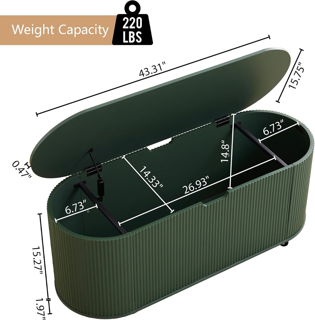 RARZOE 43.3" Fluted Storage Chest, Oval Storage Bench with 4 Wheels,(Green)