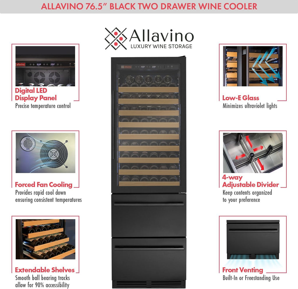 Allavino 76.5" Tall Black Wine Refrigerator with Two Refrigerated Drawers YHWR7724D-B