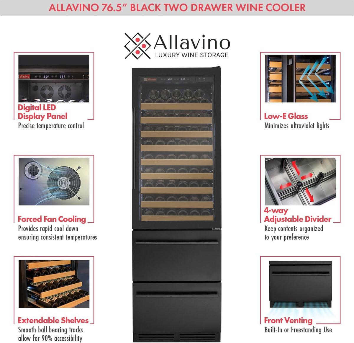 Allavino 76.5" Tall Black Wine Refrigerator with Two Refrigerated Drawers YHWR7724D-B
