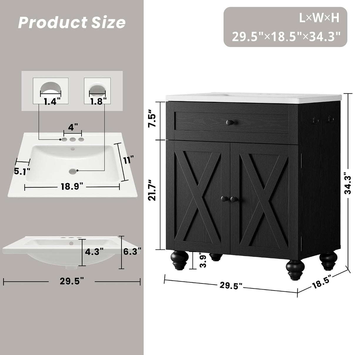 30 Inch Bathroom Vanity with Sink Easy-to-Install 30" Bathroom Vanity 2-Tier Large Storage Areas with Adjustable Shelves 4-Tier Storage Compartments Tip-out Drawer 2 Hooks Solid Wood Legs Black